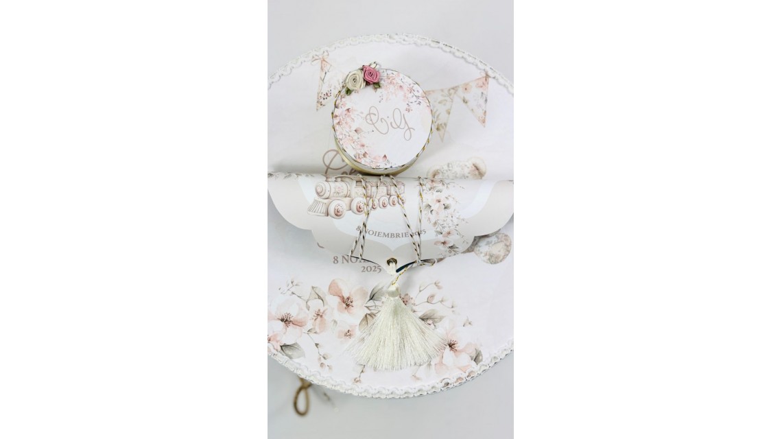 Trusou botez Nude Teddy Bear Toile de Jouy bej crem cu accente light pink și pattern floral vintage 16